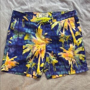 Original Penguin Men's Blue and Yellow Palm Swim Shorts